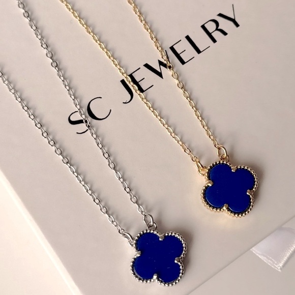 Last 1 🔥 Royal Blue Clover Necklace 14k Gold Tone Double Sided - Picture 4 of 13